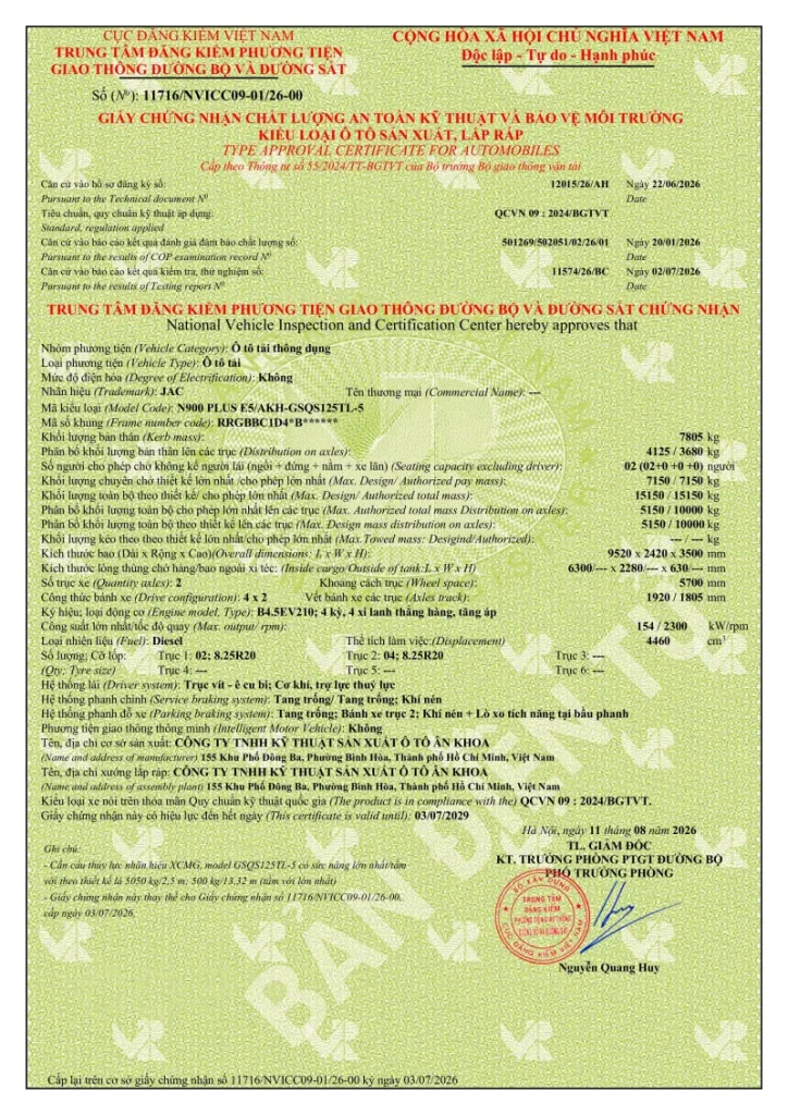 Thông số vận hành thực tế của JAC N900 gắn cẩu 5 tấn